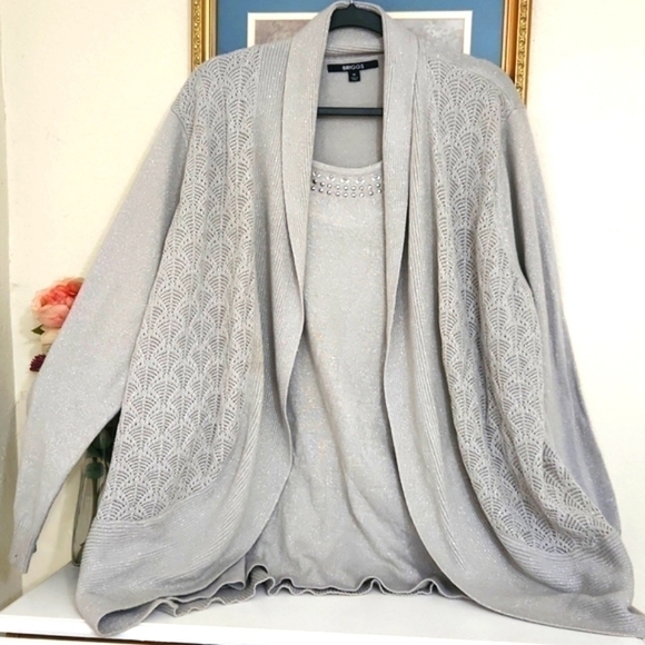 Briggs New York Sweaters - Sparkling Cardigan Cami Sophisticated Career Fall Lagenlook Coastal Metalic 3X